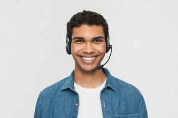 Close up of african american man wearing wireless headset talking to microphone looking at camera...