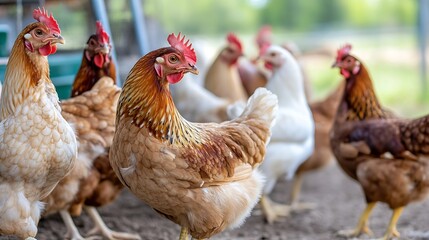 A lively group of chickens roaming in a farmyard showcasing their colorful plumage : Generative AI