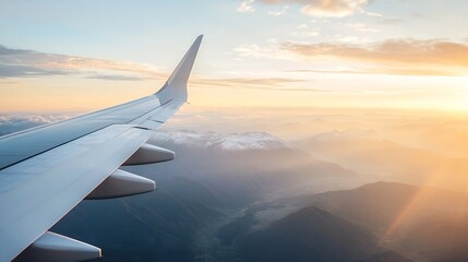Obraz premium Breathtaking view from an airplane wing showcasing beautiful mountains and a vibrant sky at sunset : Generative AI