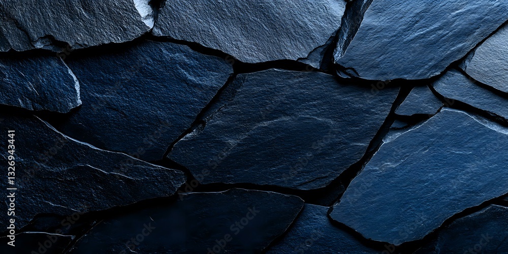 Poster dark blue slate stone wall texture with rough irregular pieces creating natural pattern. dramatic li
