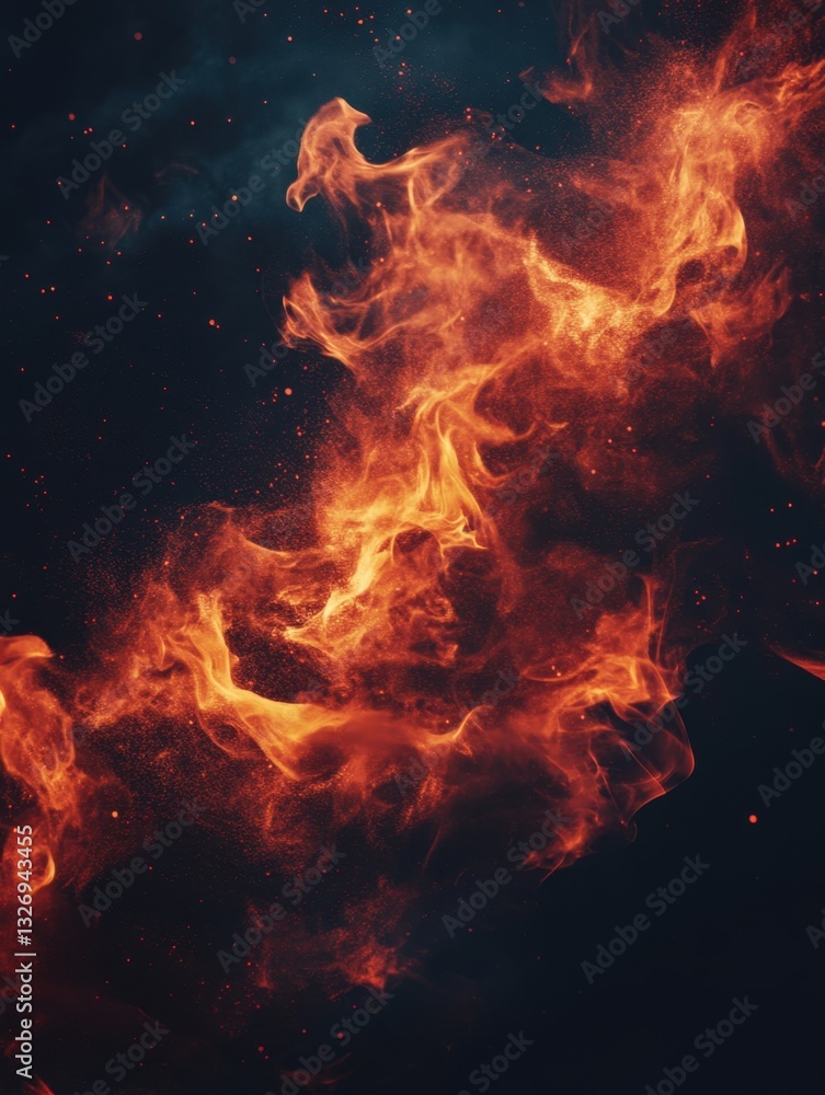 Poster fiery abstract art with vibrant orange flames against a dark backdrop creating a dynamic and intense