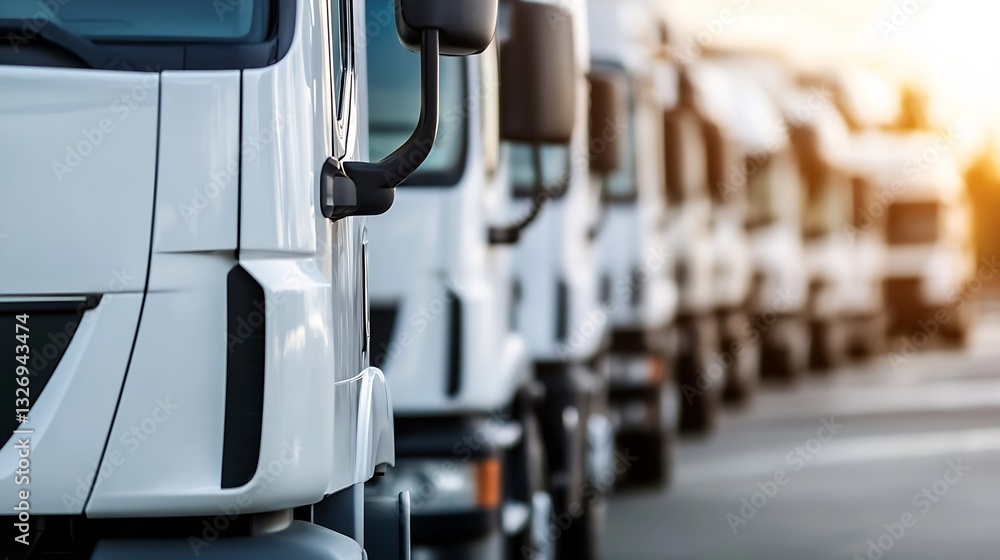 Poster fleet of modern delivery trucks lined up in a row on a busy road ready for transport and logistics s