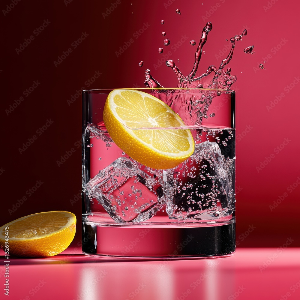 Poster fresh lemon wedge splashes into sparkling water, creating a vibrant and refreshing citrus experience