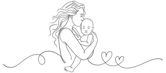 Mother and baby line art style vector illustration, mothers day celebration background