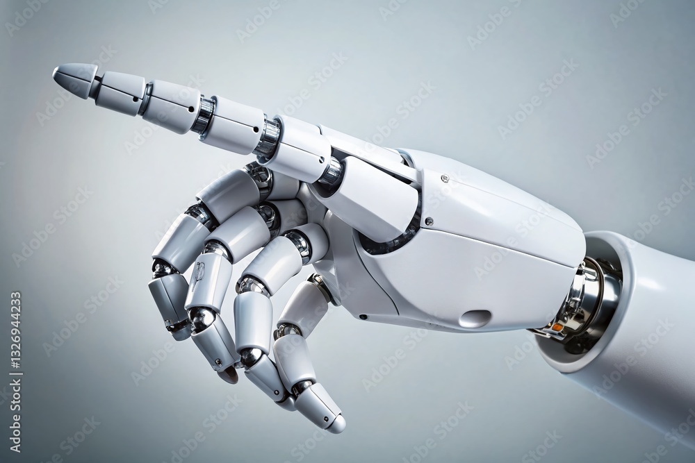 Poster futuristic robotic arm with artificial hand pointing - advanced technology stock photo