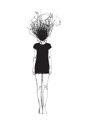 Sketch of a girl. Depression in women. Scribble illustration. Chaotic line drawing. Female silhouette