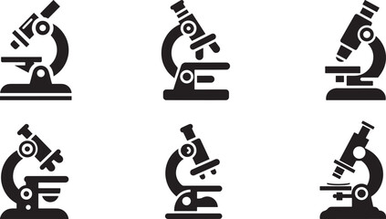 A set of six black silhouette icons, each depicting a different microscope.