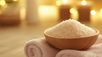 Bowl of White Salt or Sugar on Towels in Spa Setting