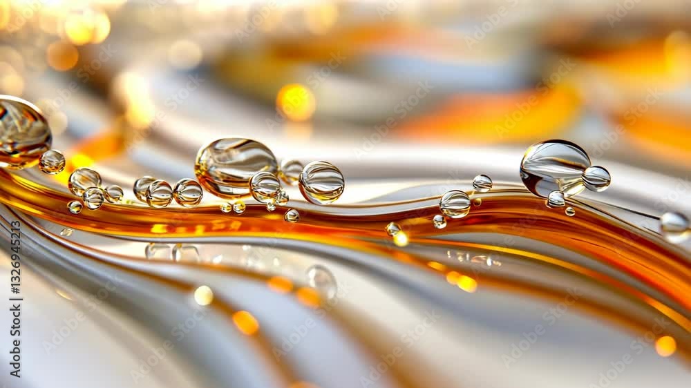 Aufkleber glossy liquid droplets flow on a reflective surface creating mesmerizing patterns with warm shades o