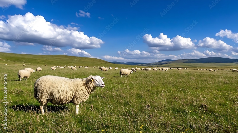 Aufkleber a flock of sheep grazes in a green valley under a bright blue sky with fluffy white clouds : generat