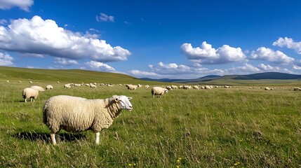 Fototapeta premium A flock of sheep grazes in a green valley under a bright blue sky with fluffy white clouds : Generative AI
