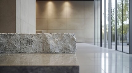 Modern minimalistic interior with stone bench and large glass windows highlighting natural light and design : Generative AI