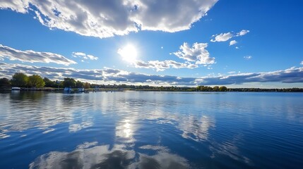 Tranquil lake view under a bright sunny sky with fluffy clouds and reflections on the water surface : Generative AI