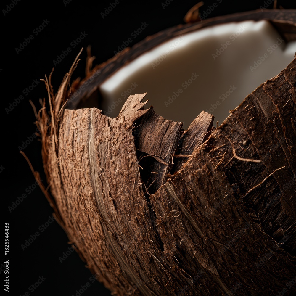 Poster exploring the intricate texture of a coconut shell illuminated by soft natural light generative ai