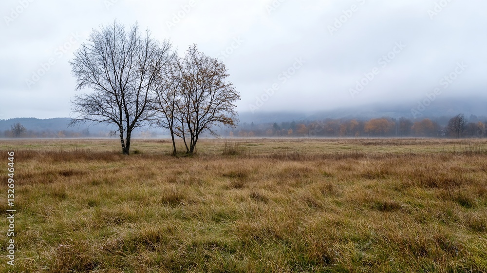Poster two trees standing alone in a vast open field under cloudy sky : generative ai