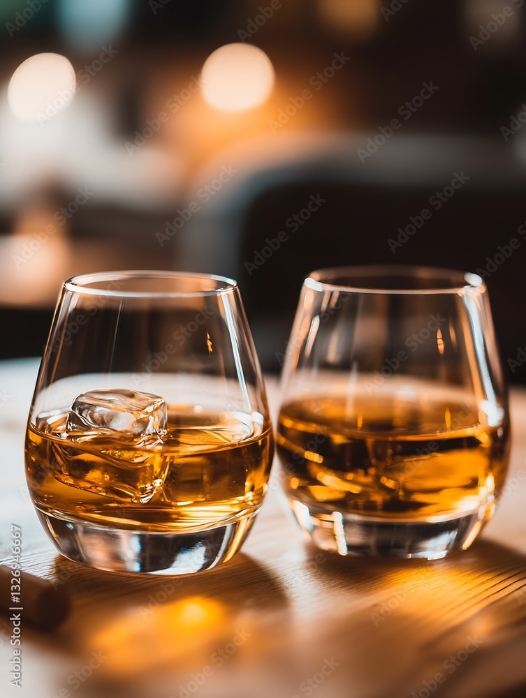 Aufkleber Two Glasses of Amber Whiskey with Ice Cubes on a Wooden Table Surrounded by Warm Soft Lighting Creating an Inviting Atmosphere : Generative AI