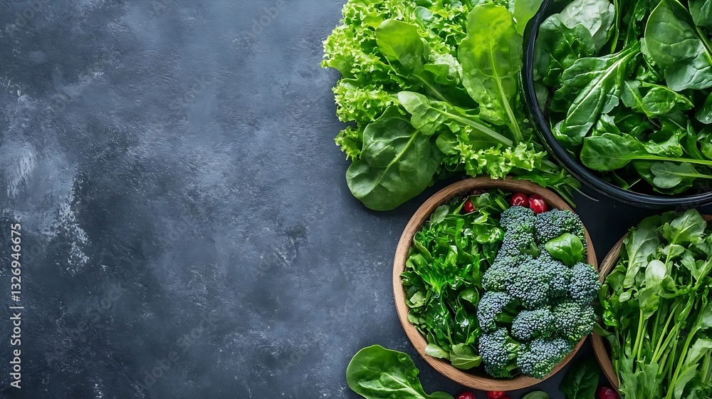 Aufkleber fresh organic greens displayed in bowls on a rustic surface : generative ai