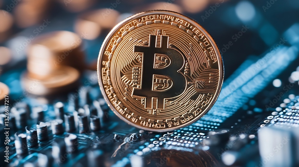 Aufkleber closeup of a bitcoin coin on digital technology background : generative ai
