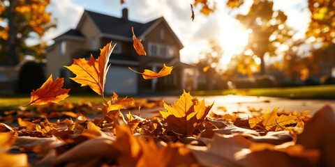 Vibrant Orange and Yellow Autumn Leaves Dancing Against a Blurred Background of a Cozy House During a Sunny Fall Day Generative AI