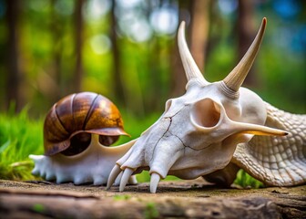 Garden Grape Snail Crawling on Goat Skull: Surreal Nature Still Life