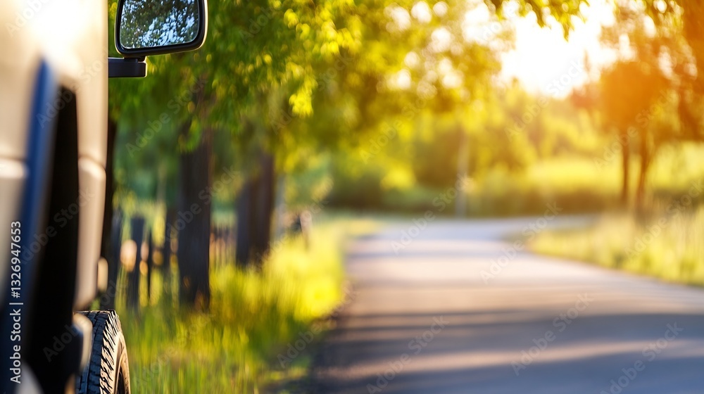 Poster inviting path lined with trees bathed in warm sunlight creating a picturesque driving experience : g