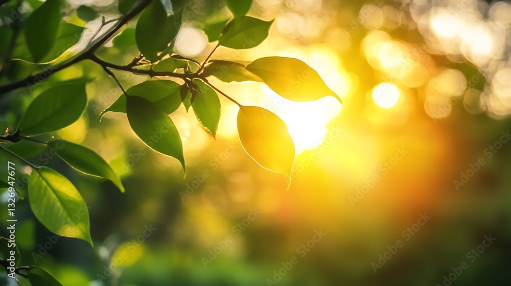 Aufkleber beautiful sunlight filtering through leaves in a lush green forest creating a warm atmosphere : gene