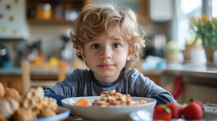 Young Boy Enjoying Healthy Breakfast Meal at Home in the Morning Light