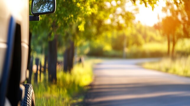 Inviting path lined with trees bathed in warm sunlight creating a picturesque driving experience : Generative AI