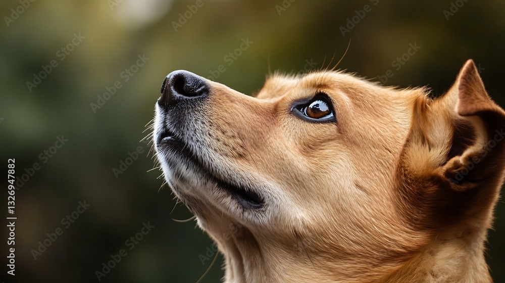 Poster close up portrait of a curious brown dog looking upwards towards the sky in a soft natural light : g