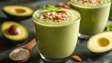 A wellness-inspired avocado power shake in a stylish cup, topped with crushed almonds and a hint of lime zest, surrounded by a small wooden spoon of protein powder and fresh avocado slices,
