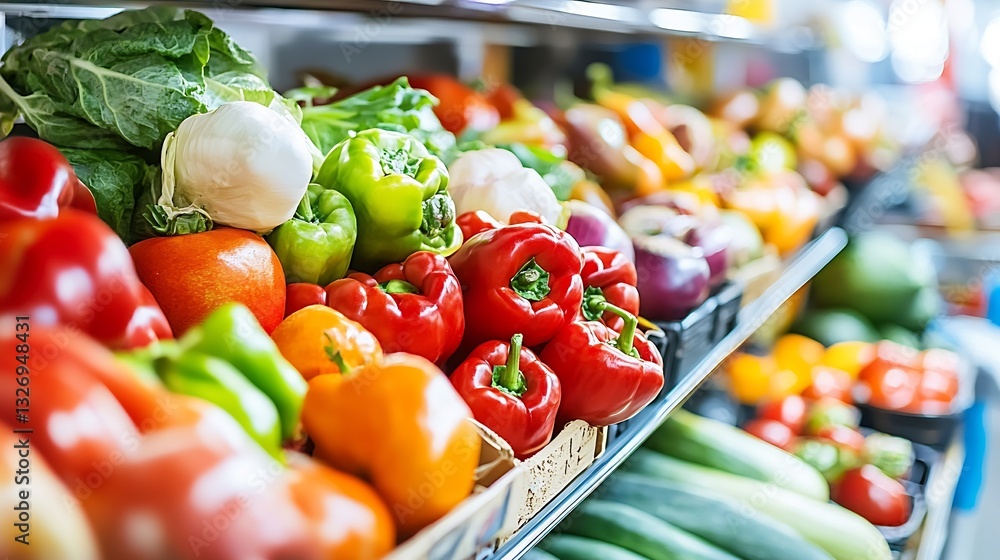 Poster a colorful display of fresh vegetables arranged attractively in a market inviting hungry shoppers : 
