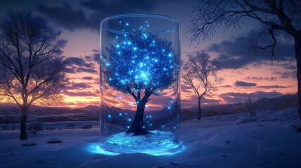 A glass cylinder containing a magical glowing tree with bright sapphire blue lights, surrounded by a snowy landscape under a deep twilight sky. 