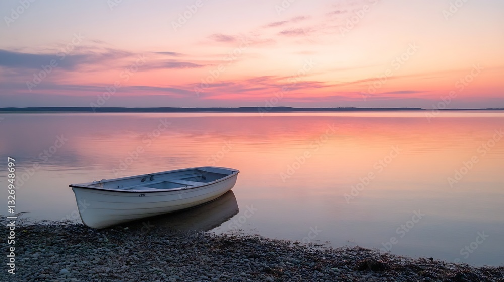 Poster beautiful tranquil sunset reflected on calm waters with a boat resting on the shore : generative ai