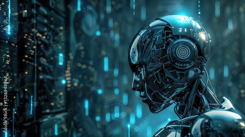 Poster science fiction picture of high tech robots for chat bot program, assistance technology about inform
