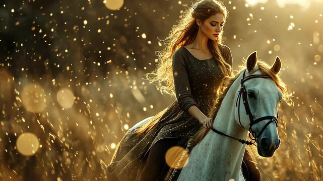 Majestic woman riding horse through golden sunlit autumn field with floating particles, bokeh, horseback