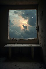Fototapeta premium A silent, empty bunker with cobwebs on the ceiling and a dusty table. Above, a fiery sky with white rockets soaring and black smoke clouds swirling around