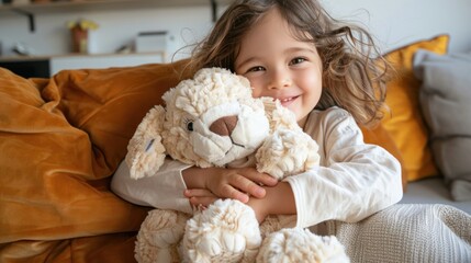 Joyful child embracing fluffy stuffed animal at home interior