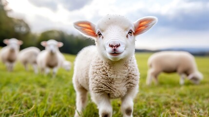 Obraz premium Adorable Baby Sheep Joyfully Grazing in a Lush Green Field Under Blue Sky : Generative AI