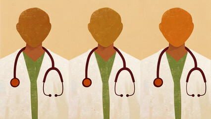 Illustration of three doctors with stethoscopes around their necks. Teamwork concept. Conceptual art