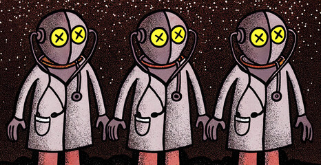 Illustration of three robot doctors in retro style.