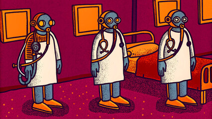 Illustration of three retro style robot doctors set in a hospital room.