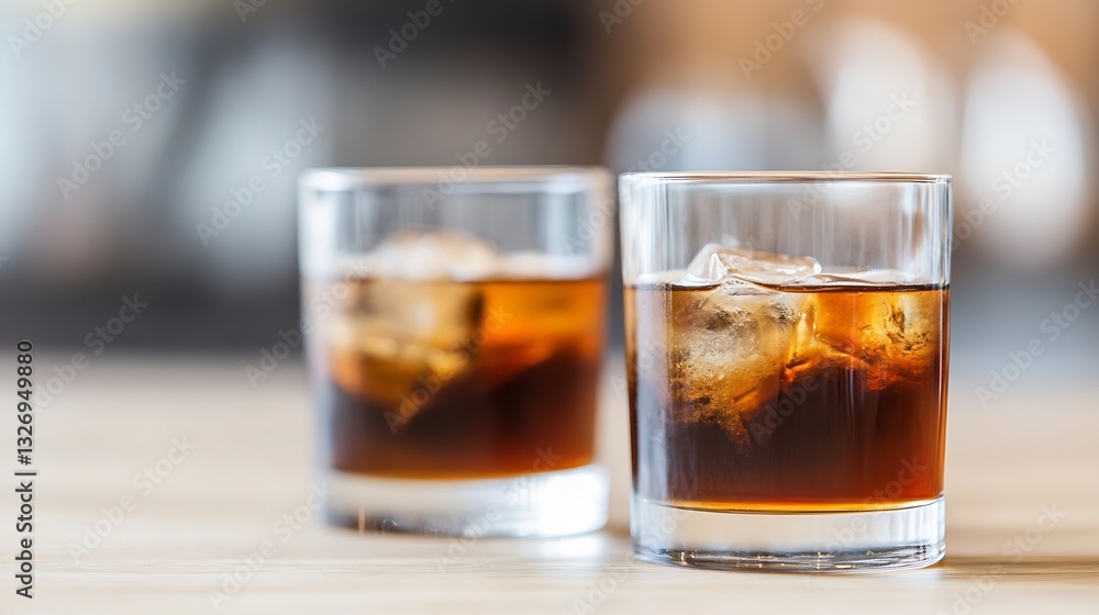 Aufkleber Close up of two chilled whiskey glasses filled with ice resting on bar counter creating a classy atmosphere : Generative AI
