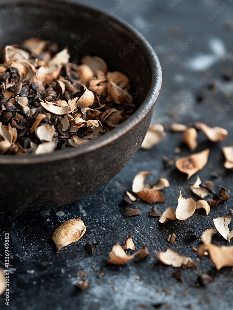 Aufkleber Textured bowl filled with various dried botanicals and scattered petals creating a rustic and organic scene : Generative AI