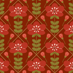  seamless pattern with a red flower and a bud next on a burgundy background.