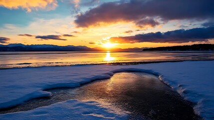 Stunning sunset over a frozen lake reflecting colors of the sky at dusk with mountains in the background : Generative AI