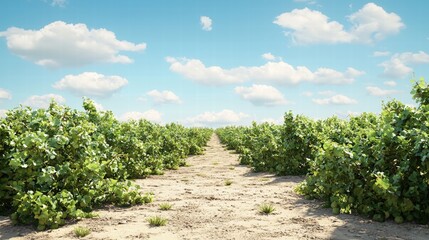 Naklejka premium A serene field of lush green plants in a picturesque french vineyard scene with ample copy space for text