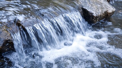 Flowing waterfall cascading over rocks creating frothy bubbles and intricate patterns in a dynamic natural scene : Generative AI