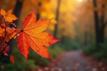 Obraz premium Vibrant orange autumn leaf in sharp focus against colorful bokeh background, bokeh, orange, autumn