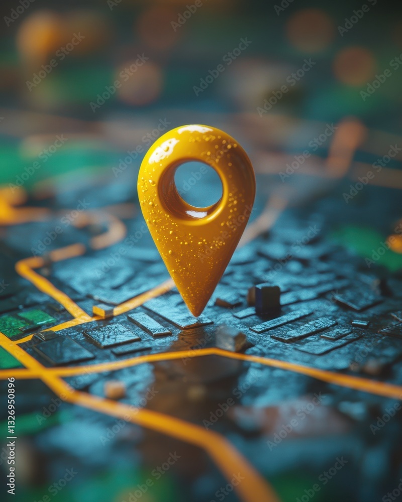 Poster vibrant yellow location pin on detailed abstract map background for navigation and travel concepts