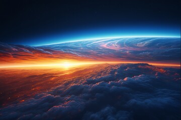 arafed view of a sunset over the clouds and a planet